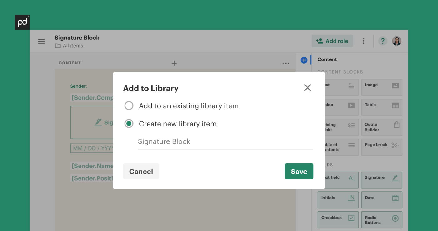 Create “New Library Item” and name its as “Signature Block”&nbsp;