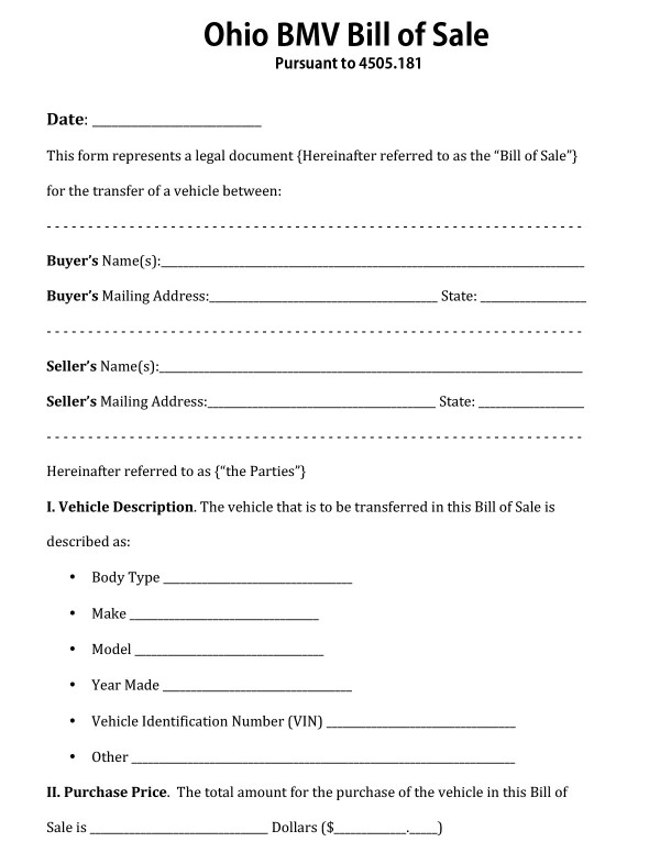 Blank BMV bill of sale Ohio PandaDoc