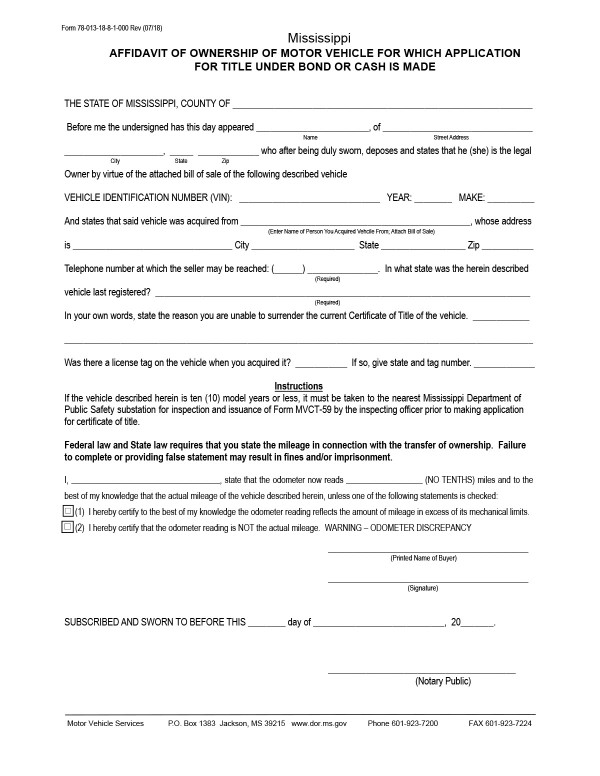 Affidavit of ownership of motor vehicle Mississippi PandaDoc