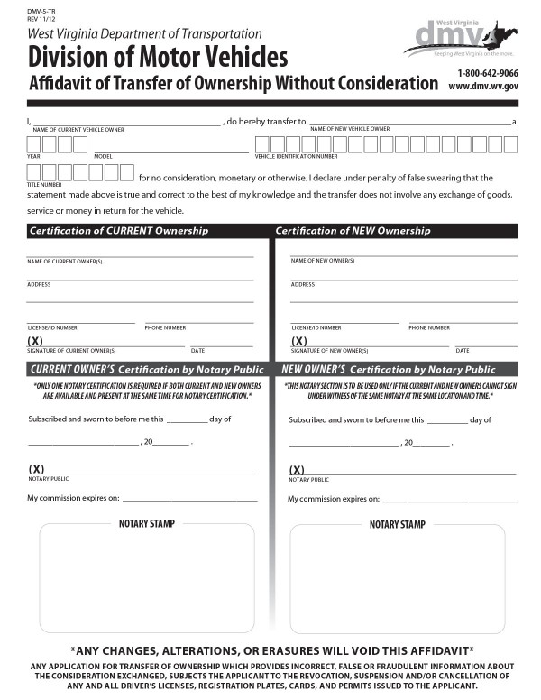 Affidavit (Form DMV-5-TR) West Virginia PandaDoc