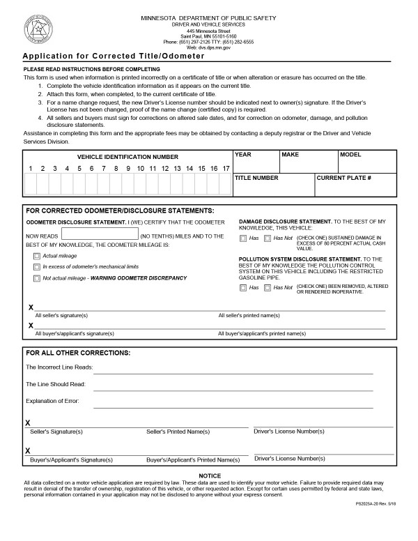 Application for corrected title/odometer Minnesota PandaDoc