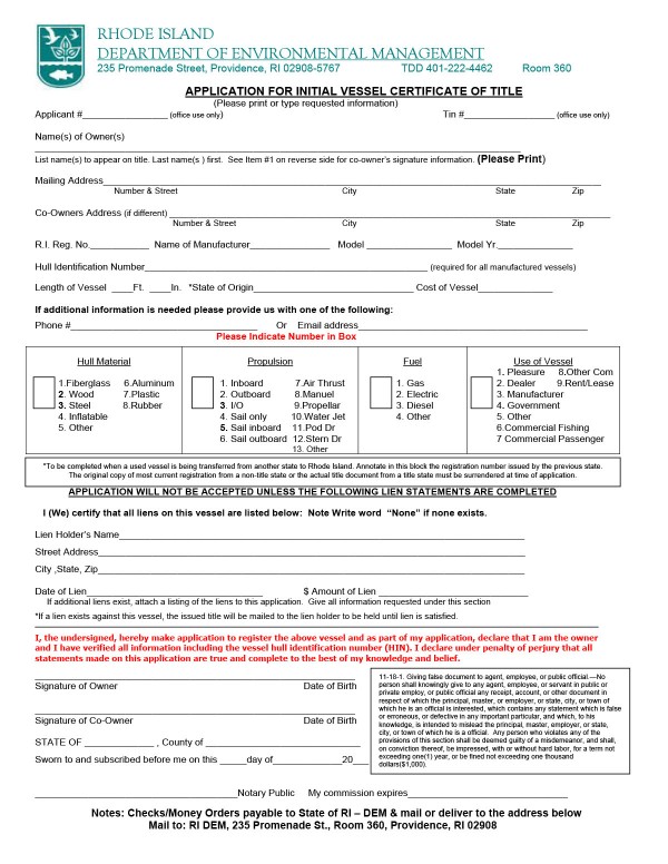 Application for initial vessel certificate of title Rhode Island PandaDoc