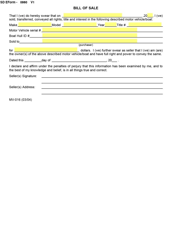 Bill of sale South Dakota PandaDoc