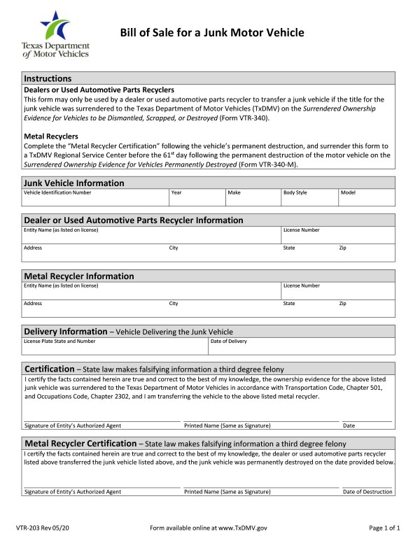 Bill of sale for a junk motor vehicle Texas PandaDoc