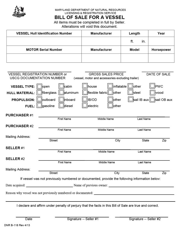 Bill of sale for a vessel Maryland PandaDoc