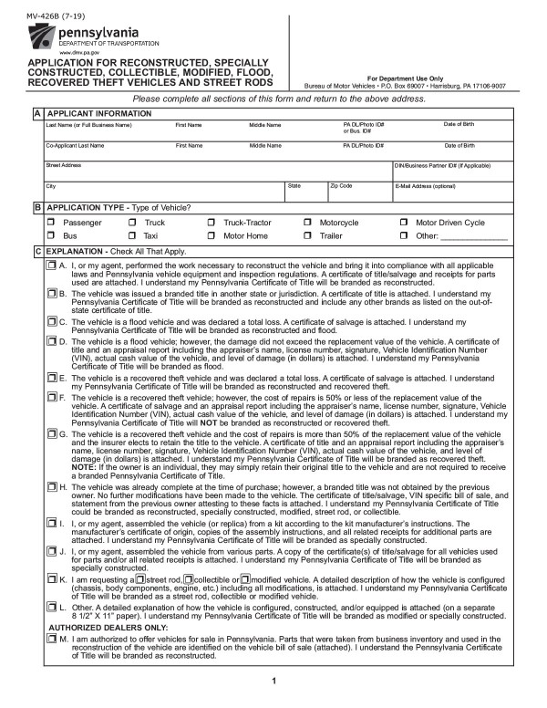 Bill of sale (Form MV-426B) Pennsylvania PandaDoc