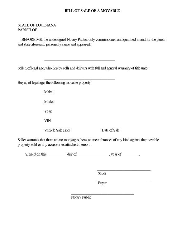 Bill of sale of a movable Louisiana PandaDoc