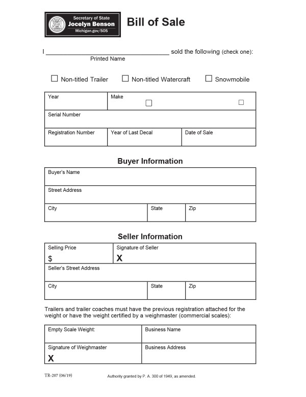 Blank bill of sale Michigan PandaDoc