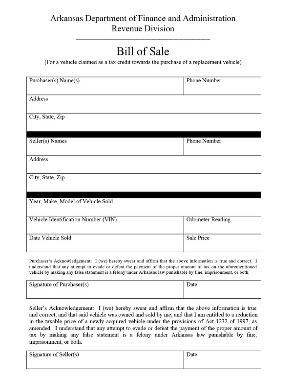 Blank bill of sale Arkansas PandaDoc
