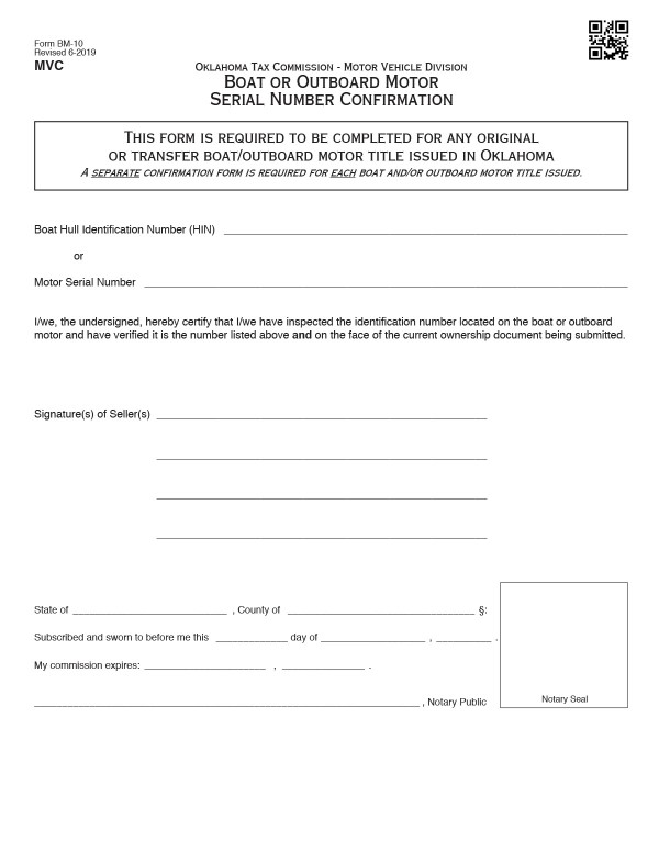 Boat serial number confirmation (Form BM 10) Oklahoma PandaDoc