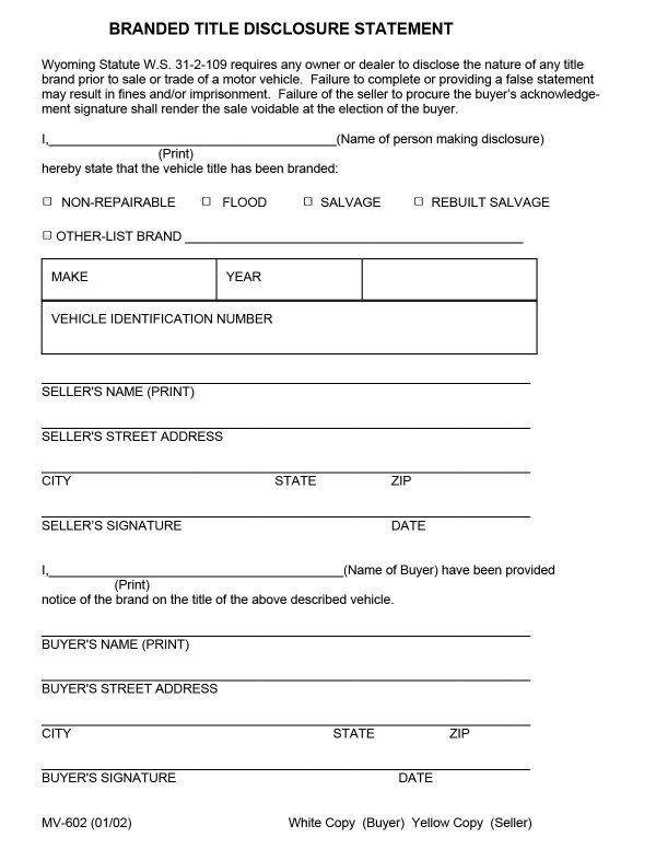 Branded title disclosure statement (WYDOT Form MV-602) Wyoming PandaDoc