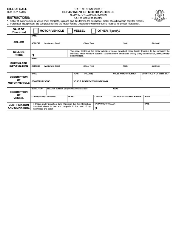Car bill of sale (Form H-31) Connecticut PandaDoc