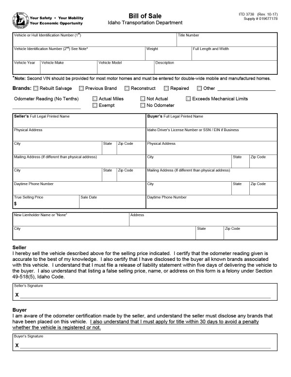 Car/Vehicle bill of sale Idaho PandaDoc