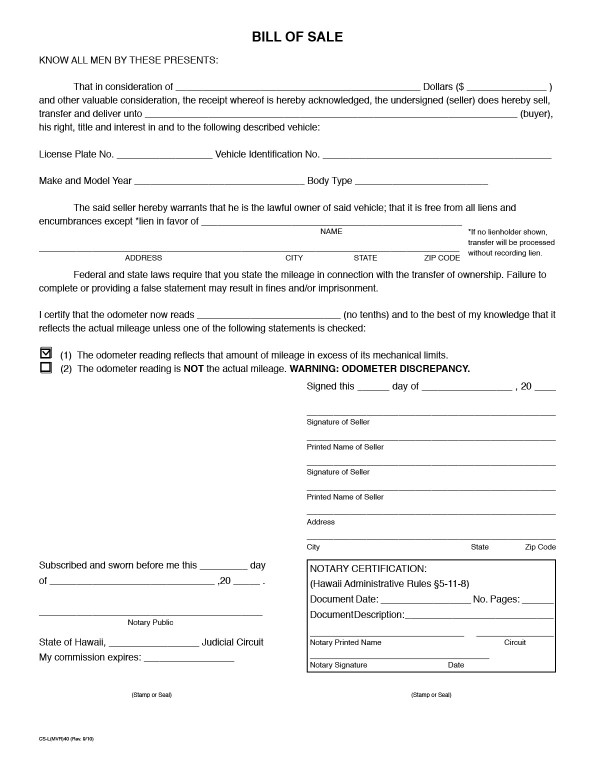 Car/Vehicle bill of sale Hawaii PandaDoc