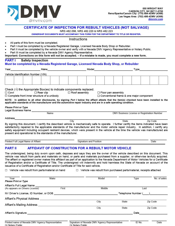 Certificate of inspection for rebuilt vehicles (Form VP 064A) Nevada PandaDoc