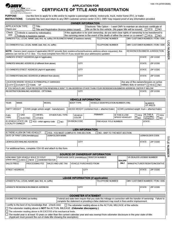 Certificate of title and registration application (VSA 17A) Virginia PandaDoc