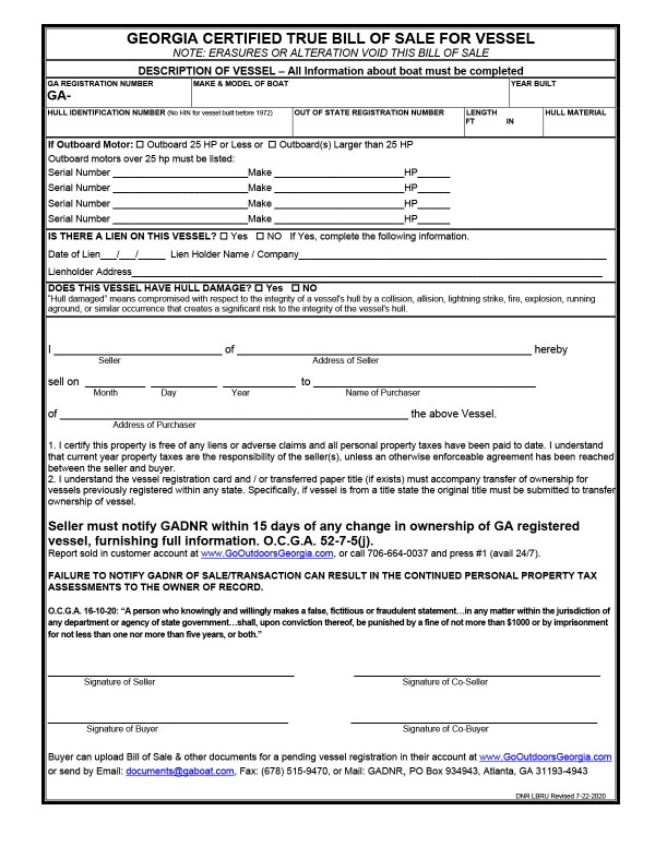 Certified bill of sale for vessels Georgia PandaDoc