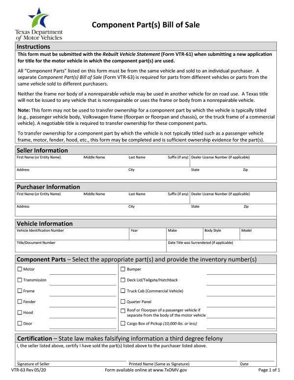 Component part(s) bill of sale Texas PandaDoc