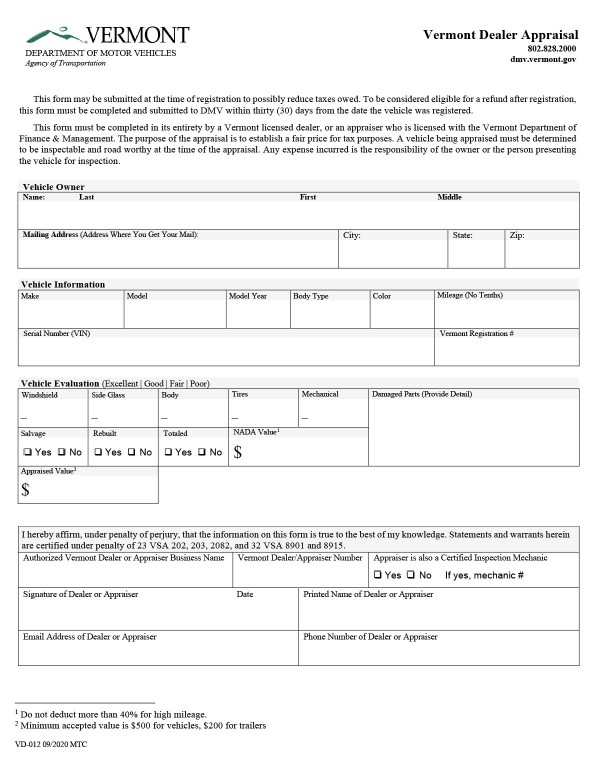 Dealer appraisal form Vermont PandaDoc