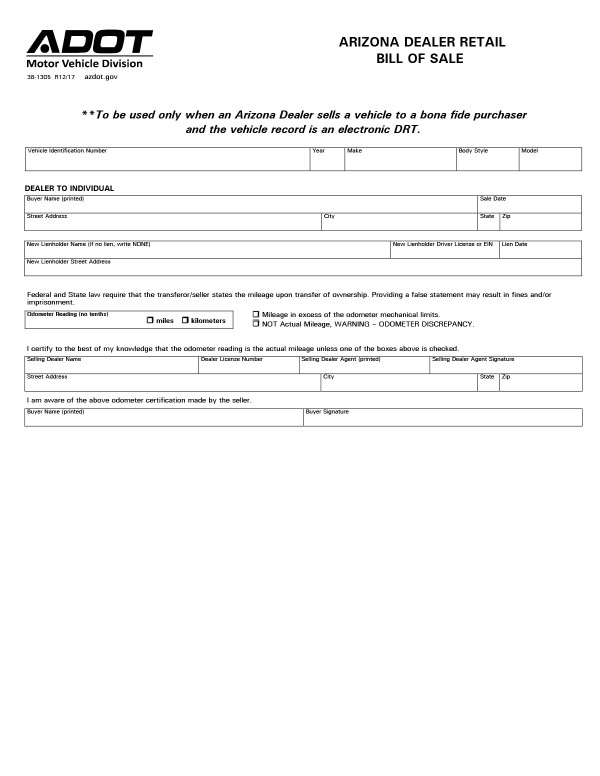 Dealer retail bill of sale Arizona PandaDoc