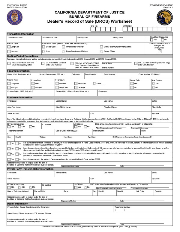 Dealer’s record of sale (DROS) California PandaDoc
