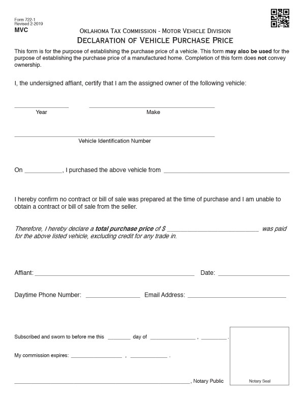 Declaration of vehicle purchase price (Form 722-1) Oklahoma PandaDoc