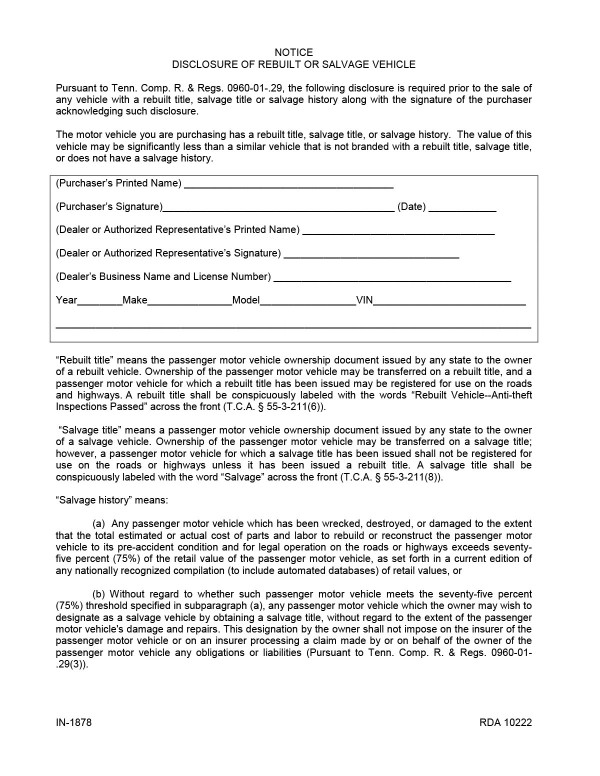 Disclosure of rebuilt/salvage vehicle Tennessee PandaDoc