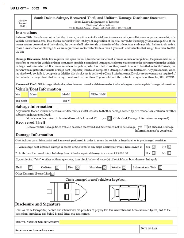 Uniform damage disclosure statement South Dakota PandaDoc