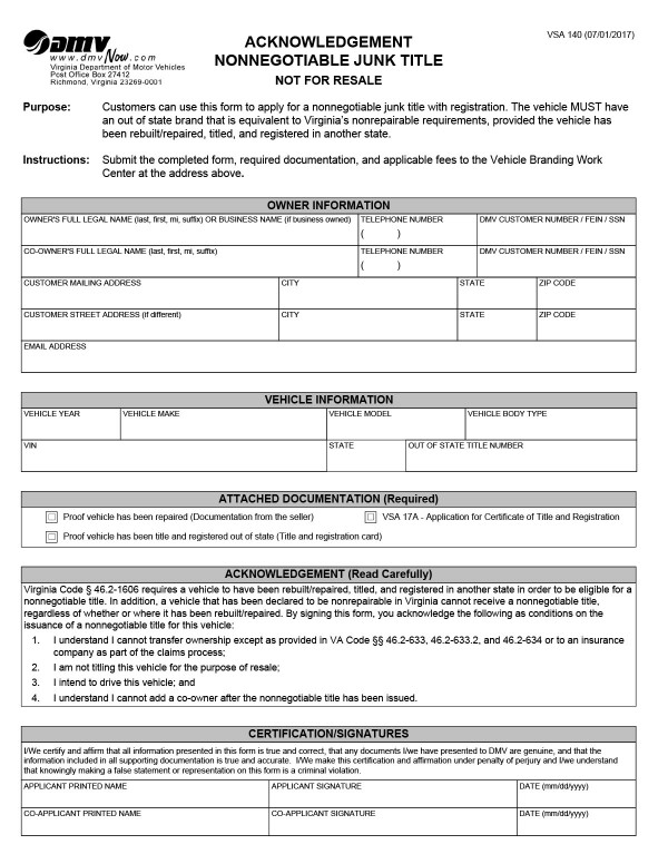 Junk title application (VSA 140) Virginia PandaDoc