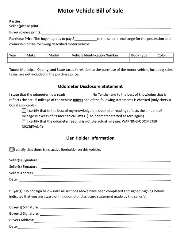 Motor vehicle bill of sale Maine PandaDoc