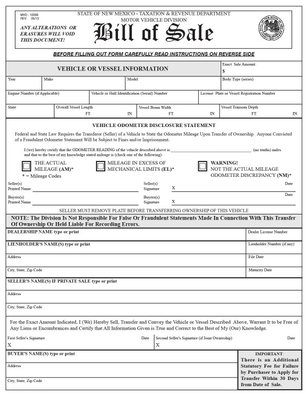 Motor vehicles bill of sale (MVD 10009) New Mexico PandaDoc