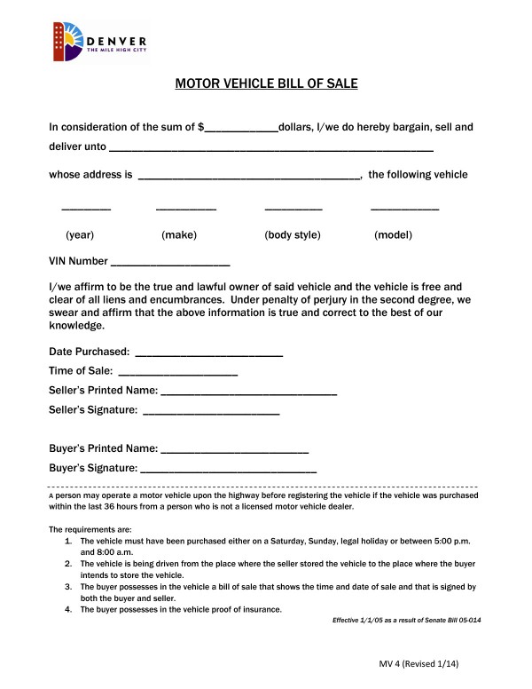 Motor vehicle bill of sale Colorado PandaDoc