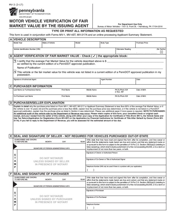 Motor vehicle verification of fair market value (Form MV-3) Pennsylvania PandaDoc