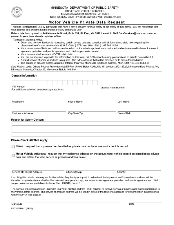 Motor vehicle private data request Minnesota PandaDoc
