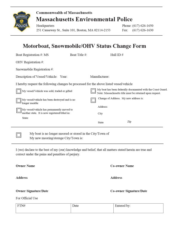 Motorboat registration status change form Massachusetts PandaDoc
