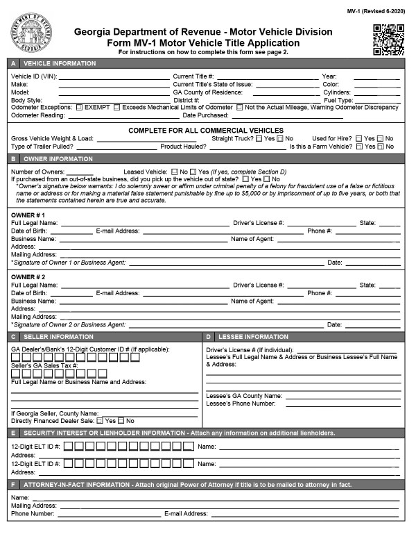 MV-1 title application form Georgia PandaDoc