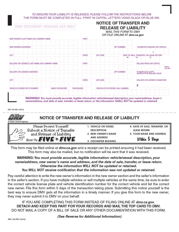 Notice of transfer and release of liability (NRL) California PandaDoc