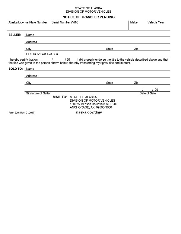 Notice of vehicle sale for transfer Alaska PandaDoc