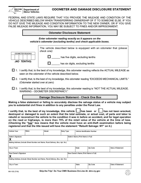 Odometer and damage disclosure statement (MV-103) New York PandaDoc