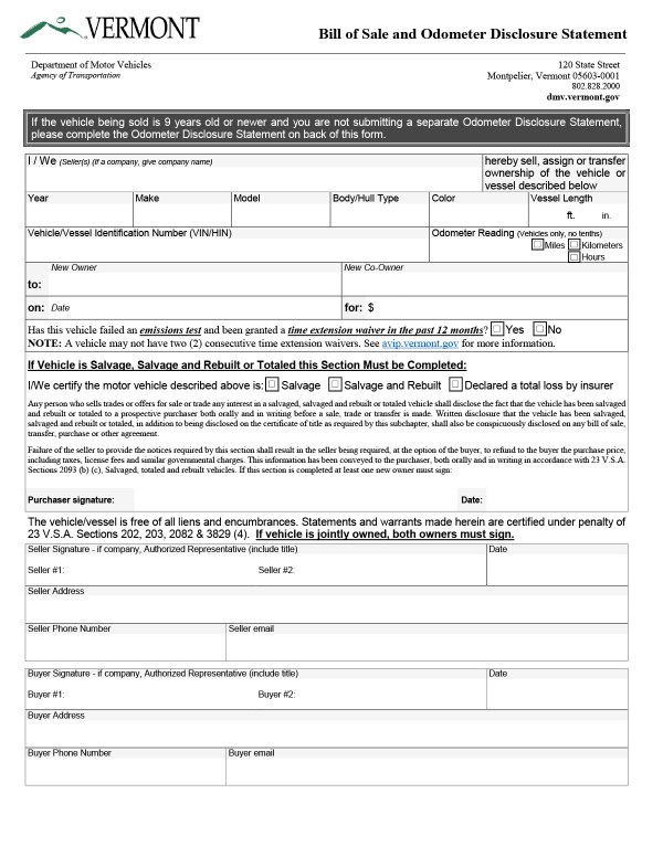 Odometer disclosure statement (Bill of sale) Vermont PandaDoc