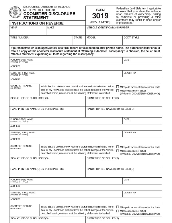 Odometer disclosure statement form Missouri PandaDoc