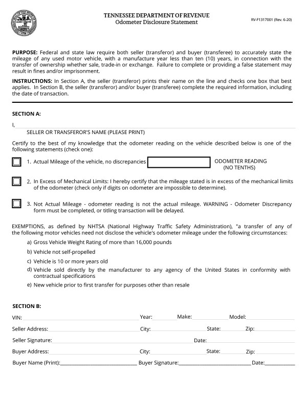 Odometer disclosure statement Tennessee PandaDoc