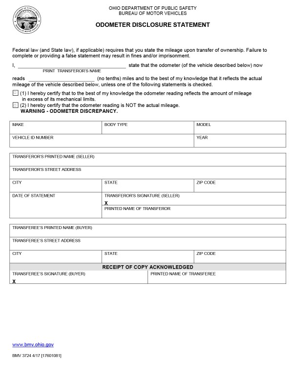 Odometer disclosure statement (Form BMV 3724) Ohio PandaDoc