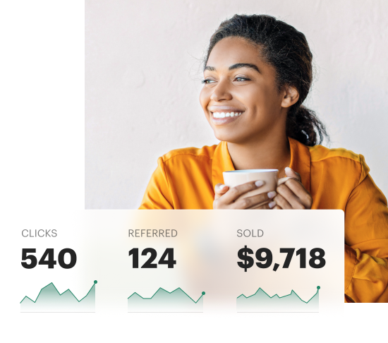 Woman holding cup of coffee while smiling with data charts.