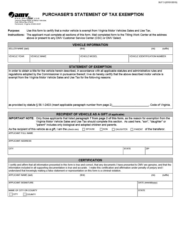 Purchaser's statement of tax exemption (SUT 3) Virginia PandaDoc
