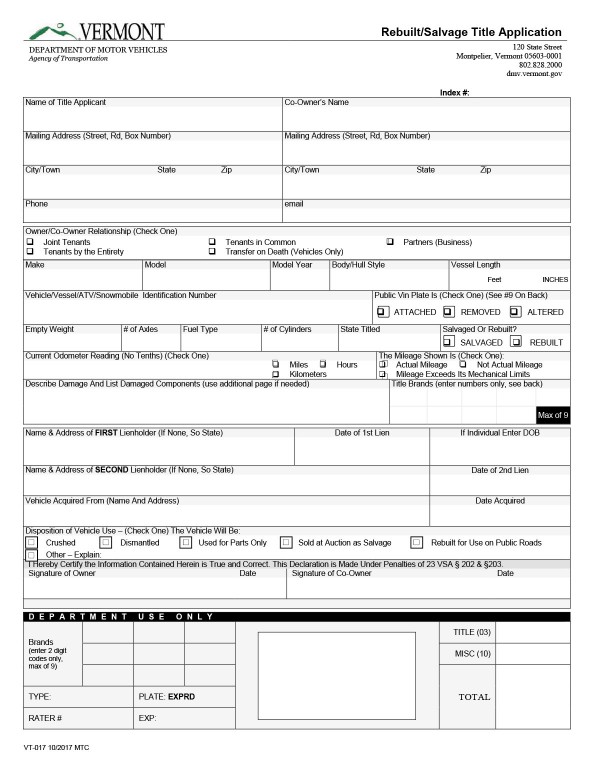 Rebuilt/salvage title application Vermont PandaDoc