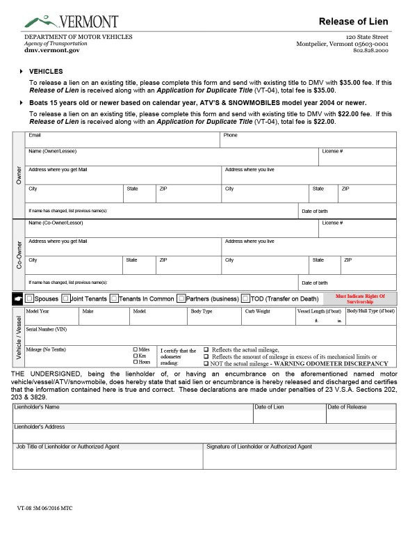 Release of lien Vermont PandaDoc
