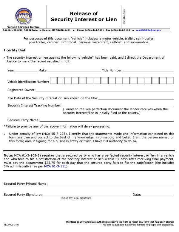 Release of security interest/lien (Form MV37A) Montana PandaDoc