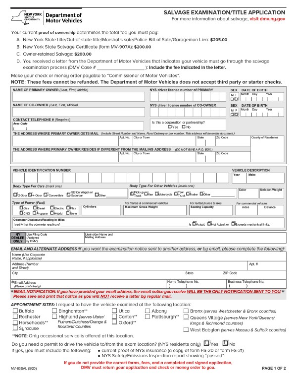 Salvage examination application (MV-83SAL) New York PandaDoc
