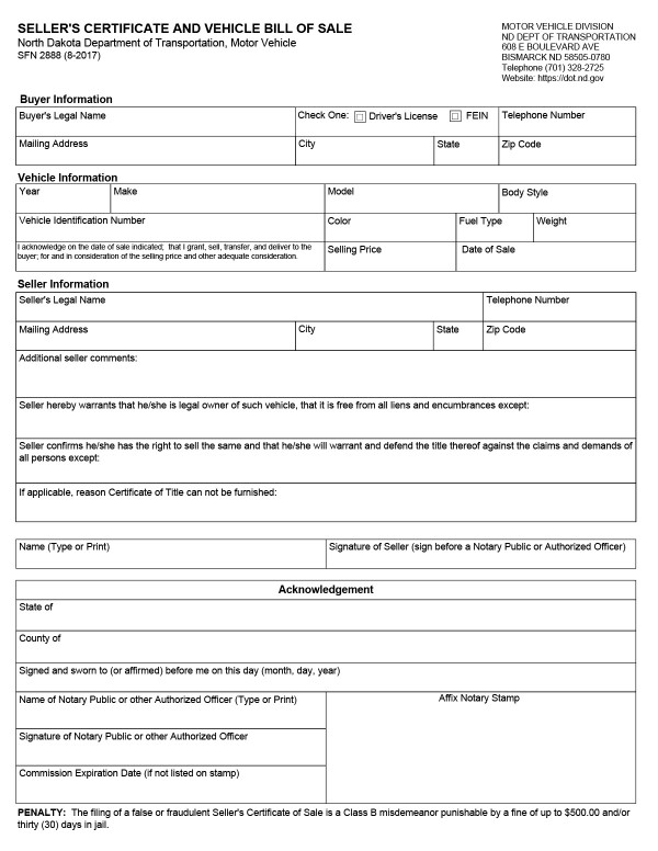 Seller’s certificate and vehicle bill of sale North Dakota PandaDoc